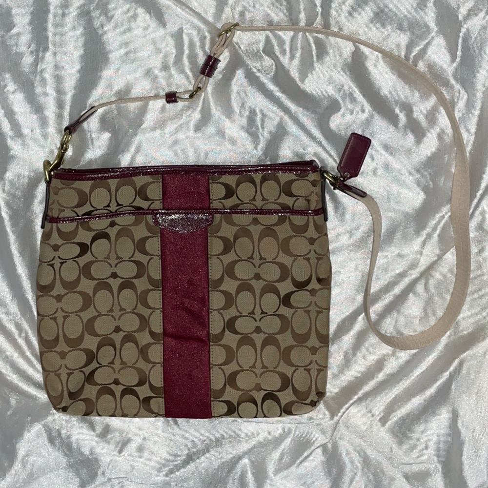 Coach Khaki Signature Crossbody with Burgundy Stripe